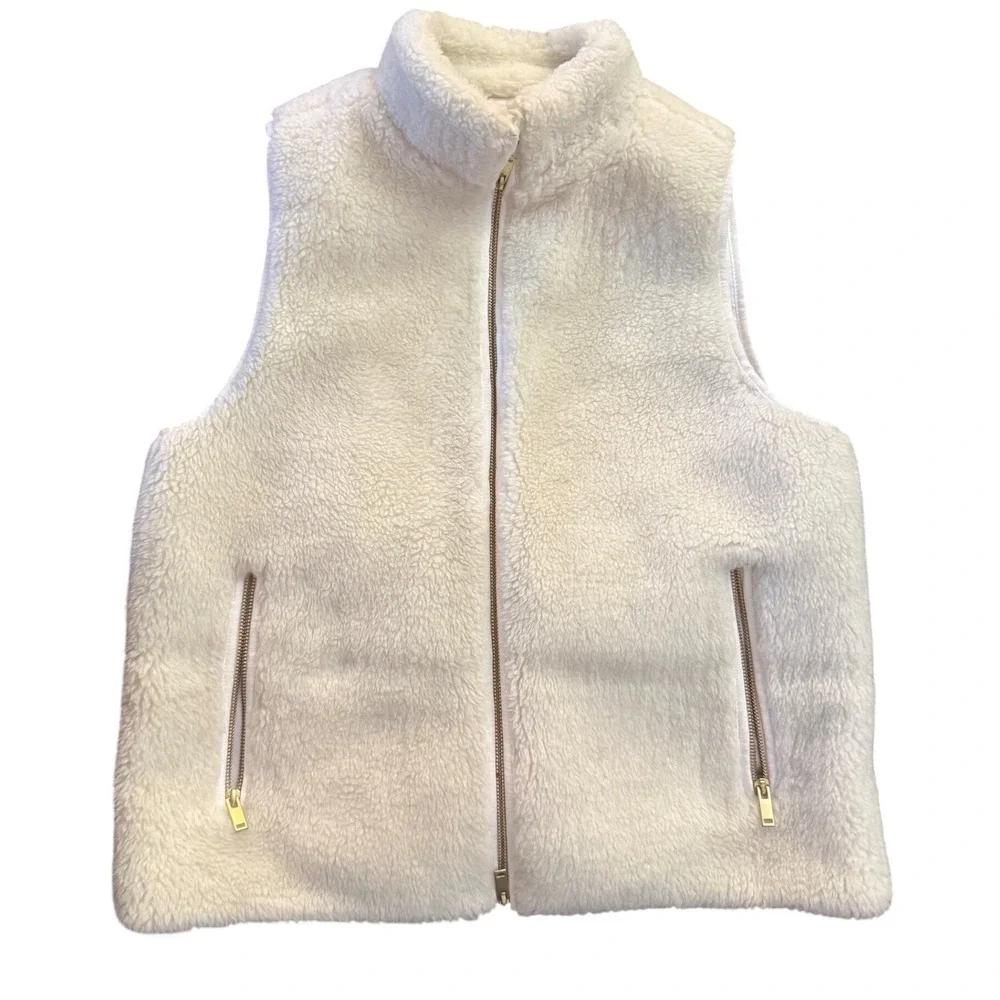 J Crew Sherpa Fleece Vest Cream Gold Zip Pockets Stand Collar Women's‎ L